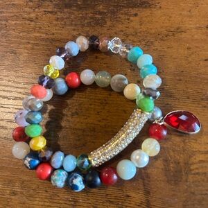 Colorful Beaded Bracelet with Red Gemstone Charms-like new- one size